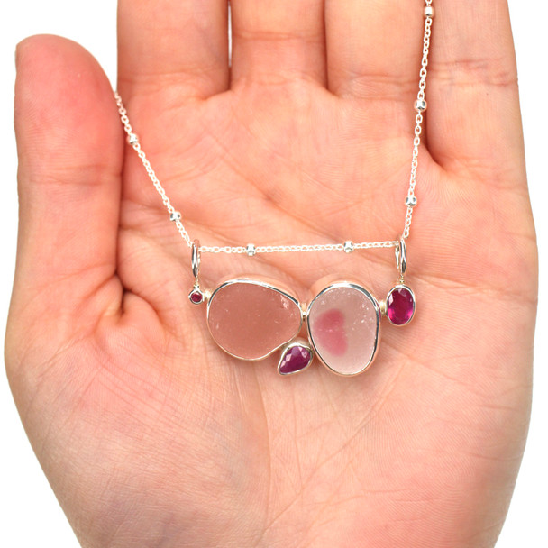 Pink Sea Glass and Ruby Slide Necklace on model for color reference.
