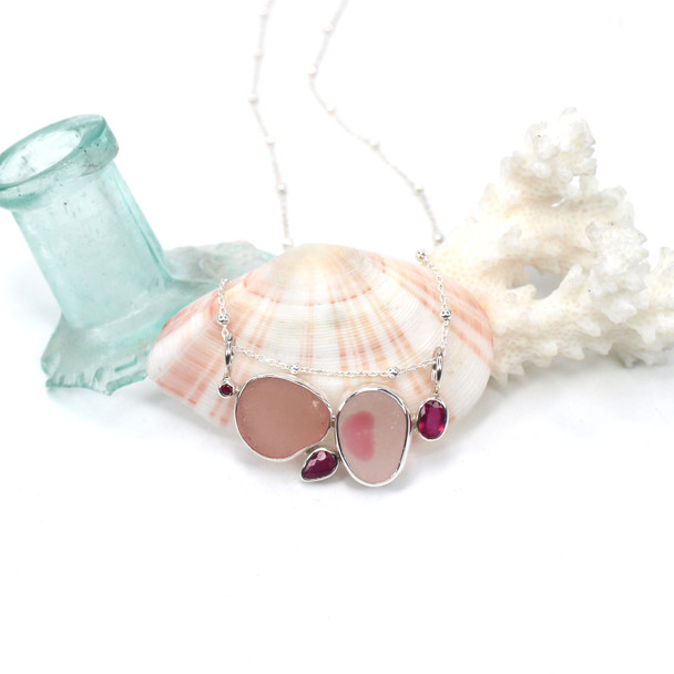 Pink Sea Glass and Ruby Slide Necklace