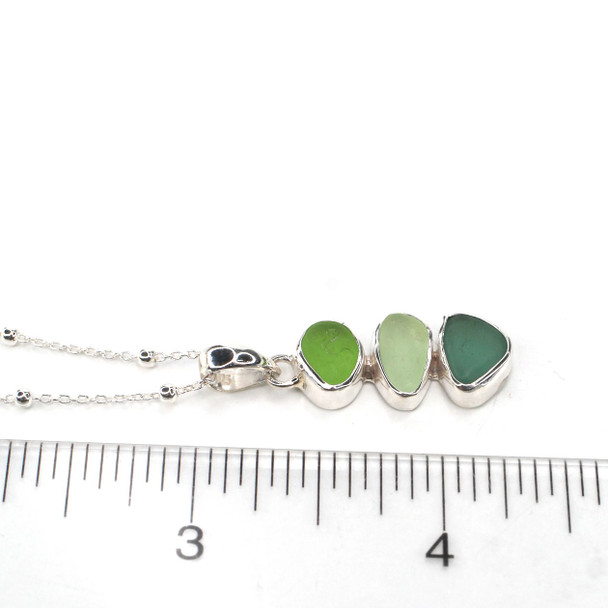 Green Ombre Sea Glass Mini-Mod Three Tier Necklace on ruler for size reference. 