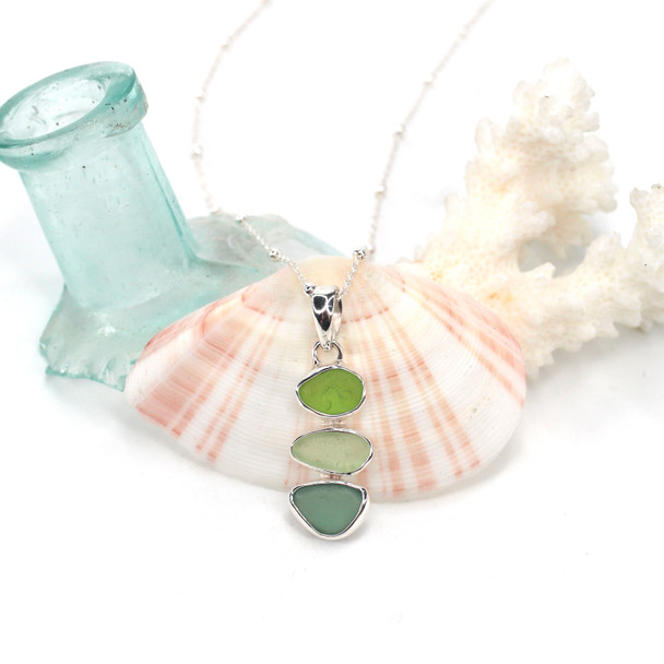 Green Ombre Sea Glass Mini-Mod Three Tier Necklace