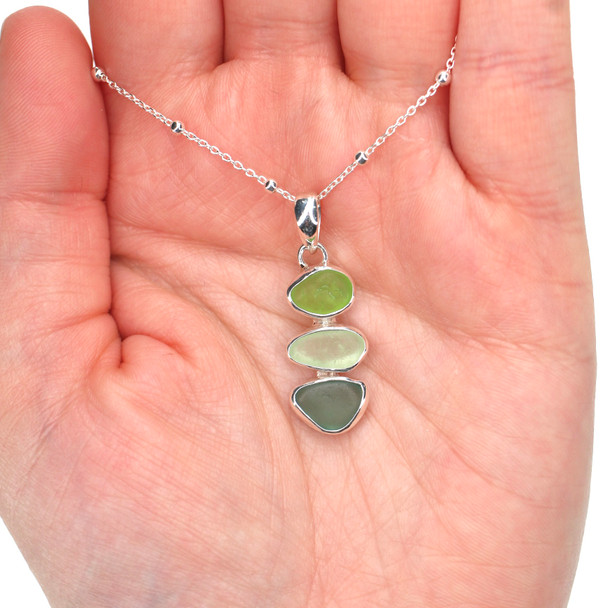 Green Ombre Sea Glass Mini-Mod Three Tier Necklace on model for color reference. 