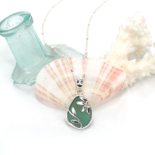 Aqua Teal Sea Glass Lily Necklace