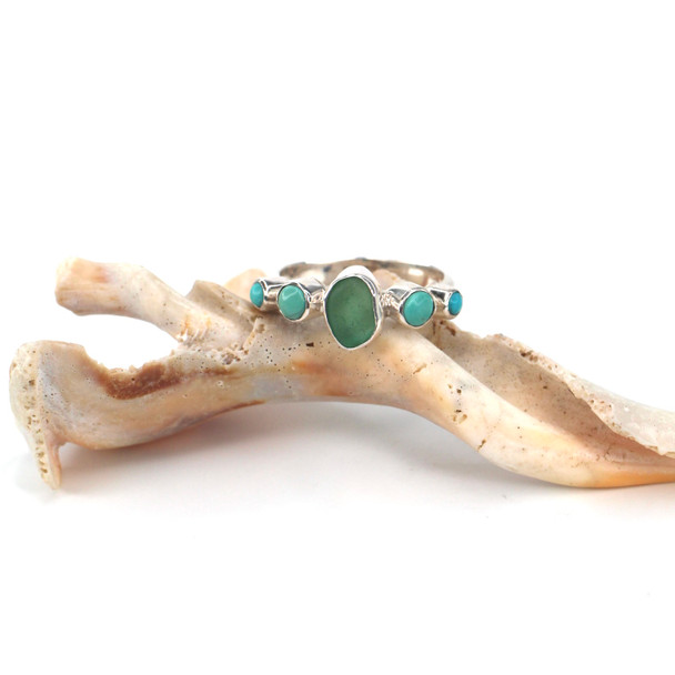 Green Sea Glass and Turquoise 5 Stone Ring - Size 9