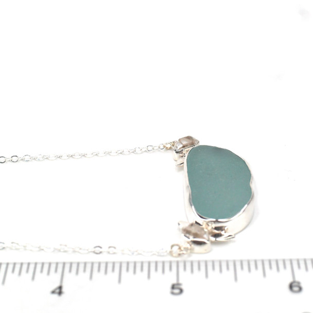 Aqua Sea Glass and Herkimer Diamond Necklace - 16"-18" Length on ruler for size reference.