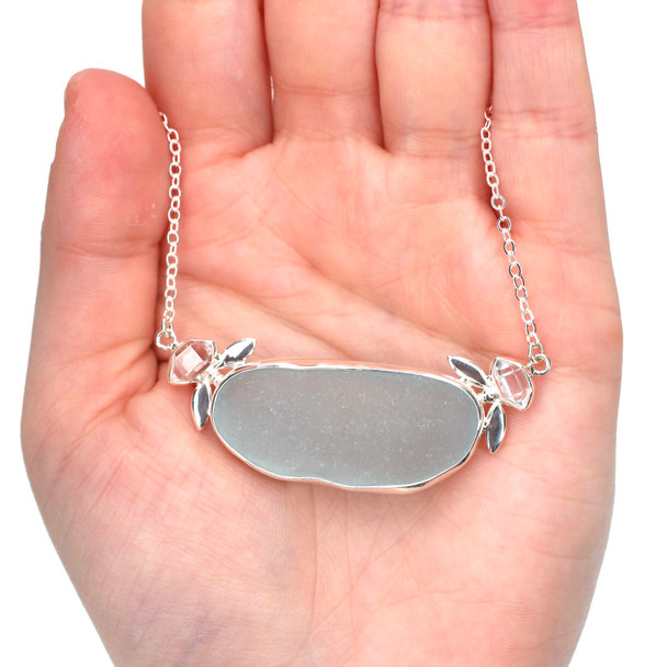 Aqua Sea Glass and Herkimer Diamond Necklace - 16"-18" Length on model for color reference.
