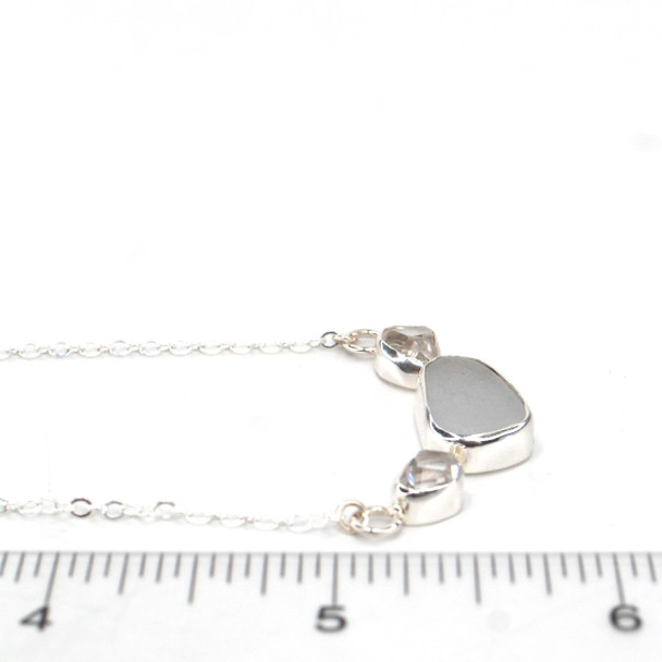 White Sea Glass and Herkimer Diamond Necklace - 16"-18" Length on ruler for size reference.