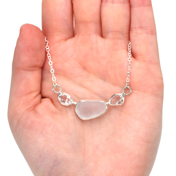 White Sea Glass and Herkimer Diamond Necklace - 16"-18" Length on model for color reference.