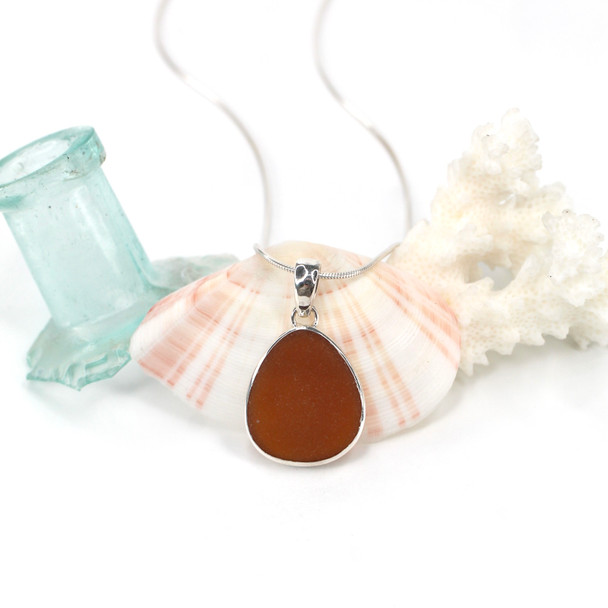 Amber Smooth Drop Sea Glass Single Bezel Necklace