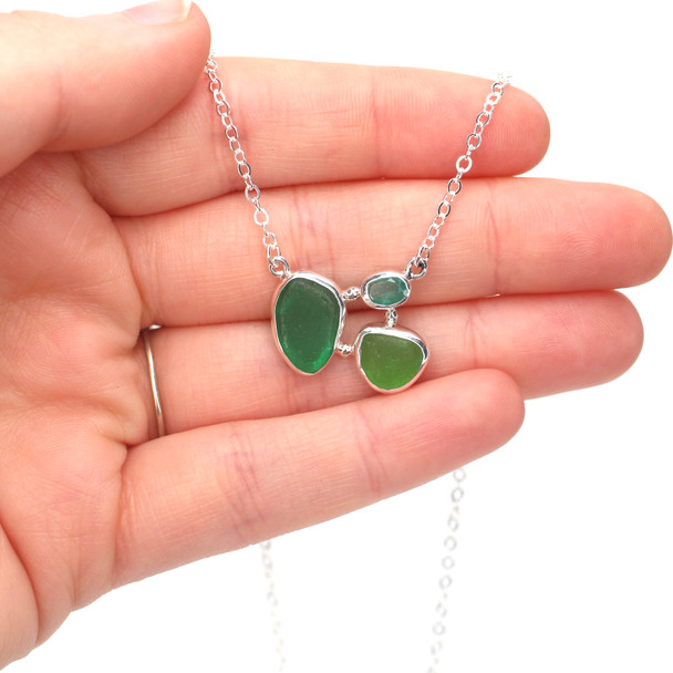 Green Verdant Sea Glass and Emerald 3 Stone Necklace 16" - 18"