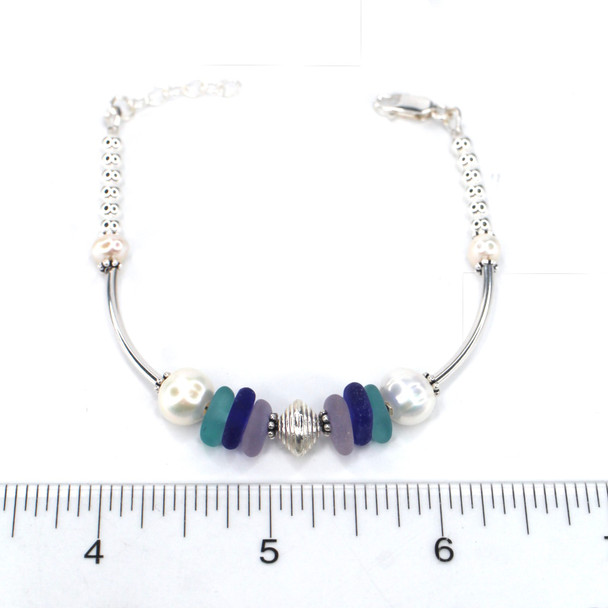 Lavender Berry Blues Sea Glass and Pearl Beaded Bracelet on ruler for size reference.