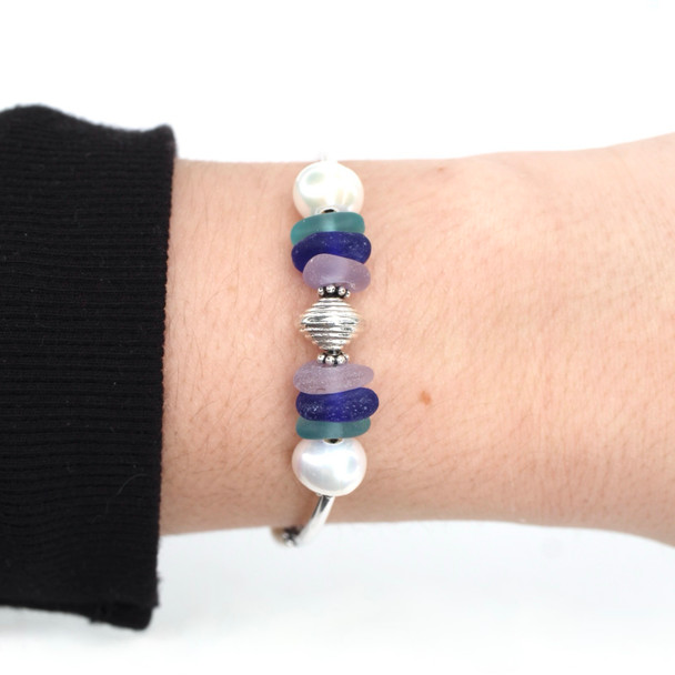 Lavender Berry Blues Sea Glass and Pearl Beaded Bracelet on model for color reference.