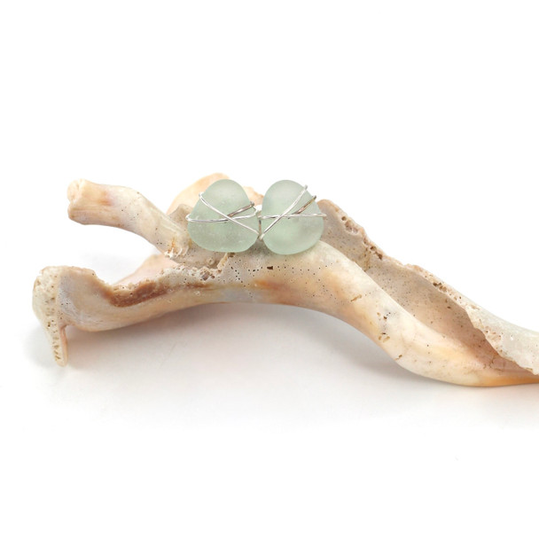 Seafoam Sea Glass Wire Wrap Post Earrings