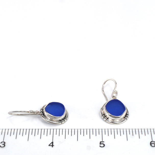 Cobalt Sea Glass Double Bezel Earrings on ruler for size reference. 