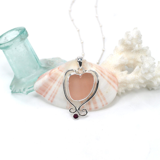 Pink Sea Glass and Ruby Swirl Heart Necklace