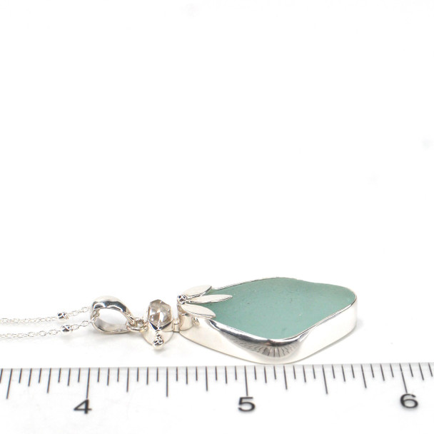 Aqua Ice Sea Glass and Herkimer Lily Necklace on ruler for size reference.