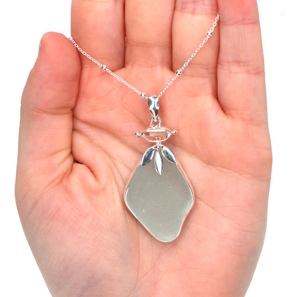Aqua Ice Sea Glass and Herkimer Lily Necklace on model for color reference.