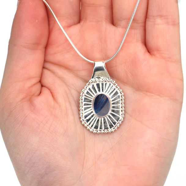 Blue Bright Striped Ultra Rare Sea Glass Starburst Necklace on model for color reference.