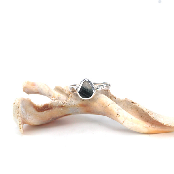 Blue Gray Striped Ultra Rare Sea Glass Beaded Ring - Size 9