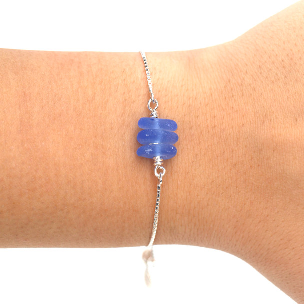 Cornflower 3 Stone Adjustable Sea Glass Bracelet on model for color reference. 