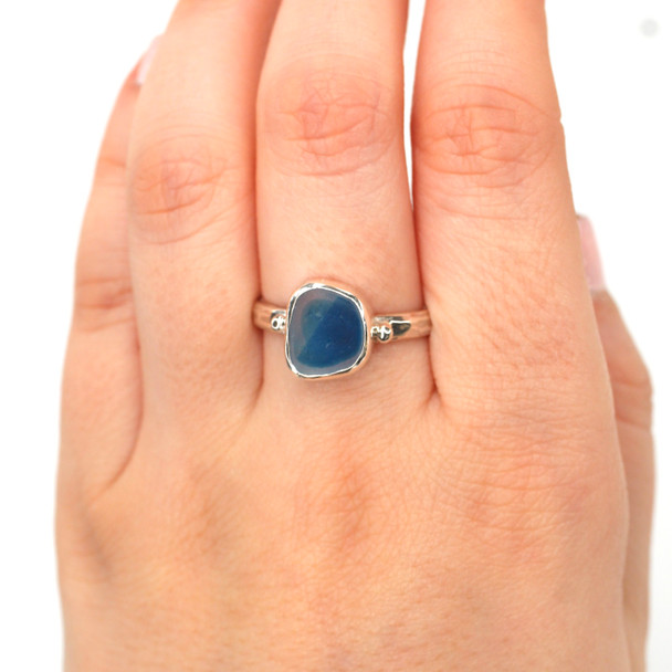 Turquoise Treat Ultra Rare Sea Glass Beaded Ring - Size 9 on model for color reference. 