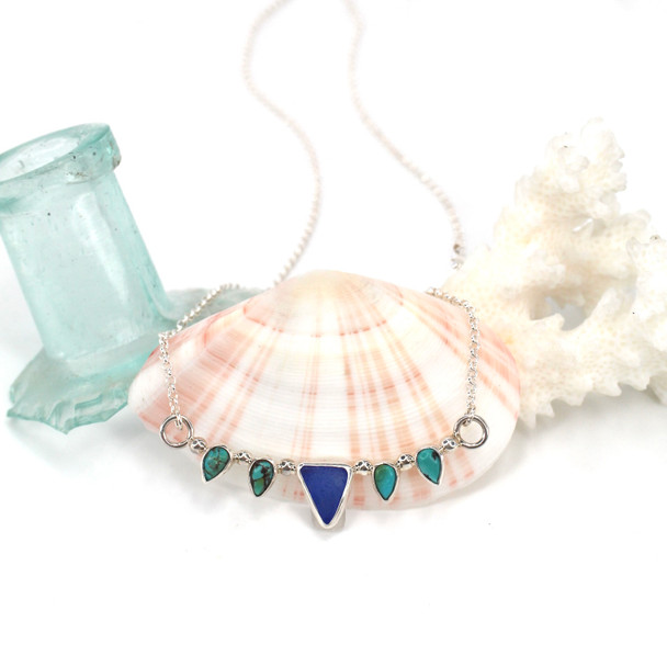 Cobalt Sea Glass and Turquoise 5 Piece Points Necklace 16"-18" Length 