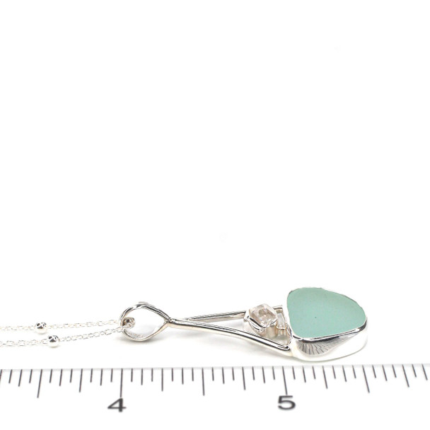 Seafoam Sea Glass and Herkimer Diamond Lunar Drop Necklace on ruler for size reference.