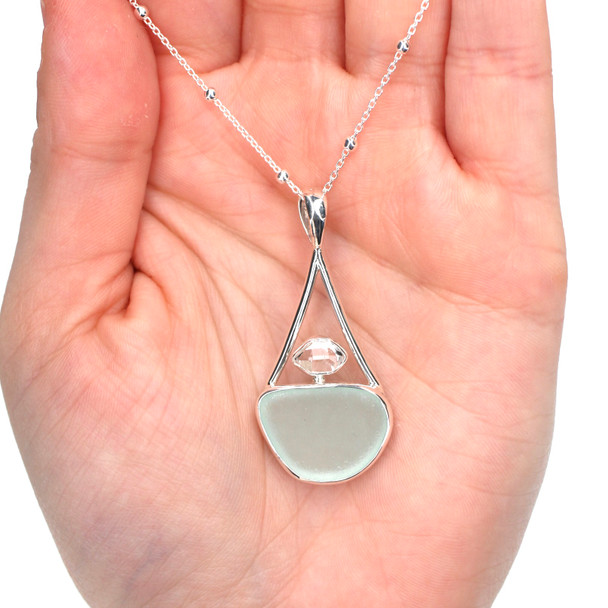 Seafoam Sea Glass and Herkimer Diamond Lunar Drop Necklace on model for color reference.