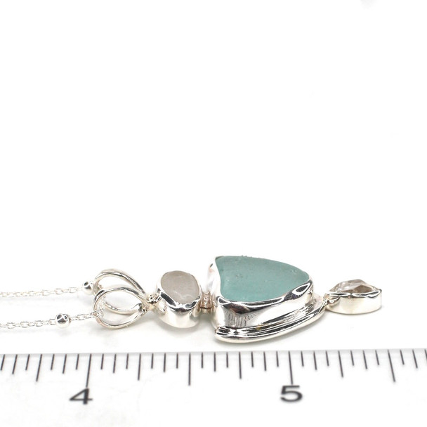 Glacier Sea Glass and Herkimer Diamond Eclipse Necklace on ruler for size reference.
