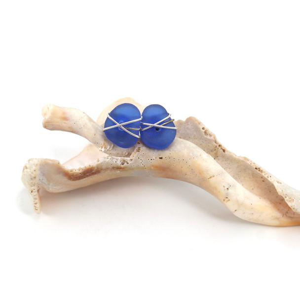 Cobalt Sea Glass Wire Wrap Post Earrings