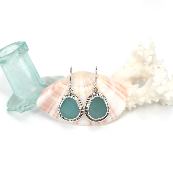 Aqua Sea Glass Double Bezel Earrings