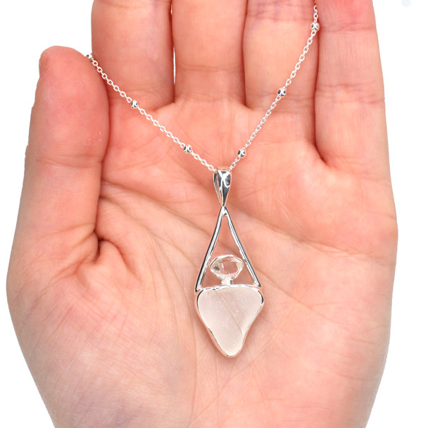 White Sea Glass and Herkimer Diamond Lunar Drop Necklace on model for color reference.