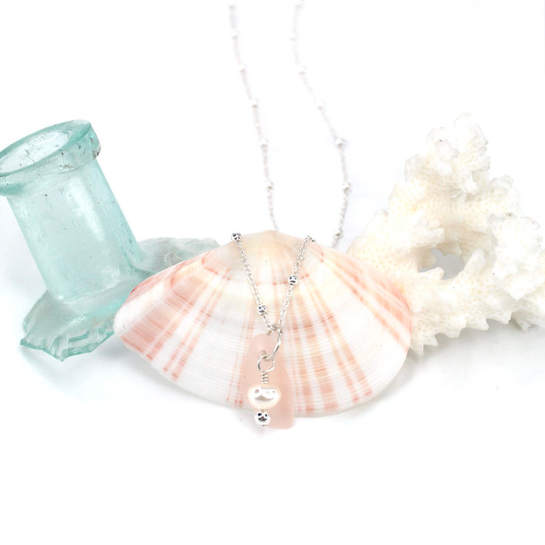 Pink Sea Glass and Pearl Charm Necklace