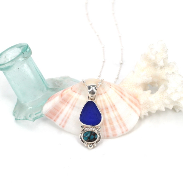 Cobalt Sea Glass and Turquoise Oval Beaded Necklace