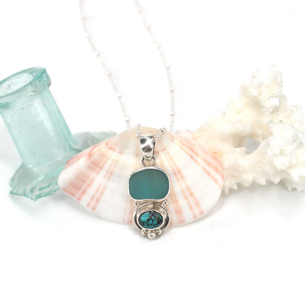 Aqua Rectangle Sea Glass and Turquoise Oval Beaded Necklace