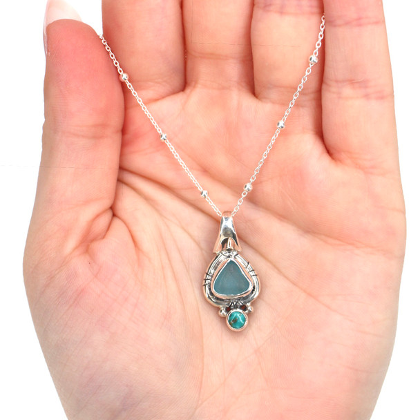 Aqua Triangle Sea Glass and Turquoise Double Necklace on model for color reference. 