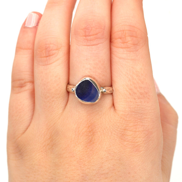 Cobalt Ripple Ultra Rare Sea Glass Beaded Ring - Size 9 on model for color reference. 