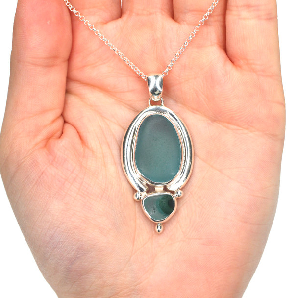 Aqua and Tropical Turquoise Ultra Rare Sea Glass Double Necklace on model for color reference.