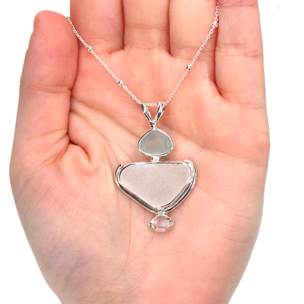 Aqua and White Sea Glass and Herkimer Diamond Eclipse Necklace on model for color reference.