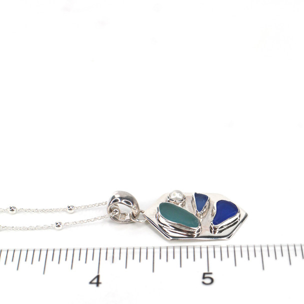 Beautiful Blues Sea Glass and Pearl Pointed Mosaic Necklace on ruler for size reference. 