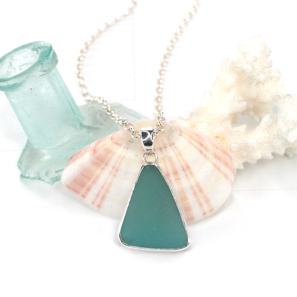 Aqua Triangle Sea Glass Single Bezel Necklace