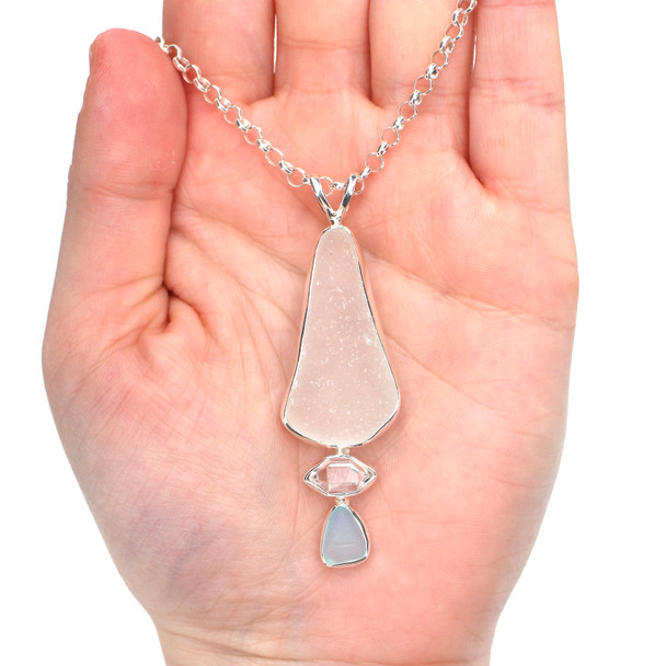 Sky Sea Glass and Herkimer Three Tier Necklace on model for color reference.