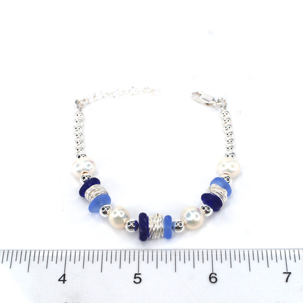 Cobalt and Cornflower Sea Glass and Pearl Beaded Bracelet on ruler for size reference.