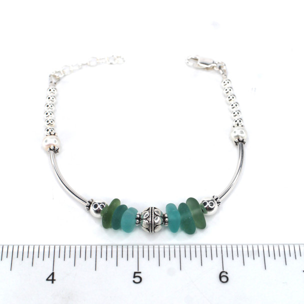 Olive Tropical Blues Sea Glass and Pearl Daisy Bracelet on ruler for size reference.