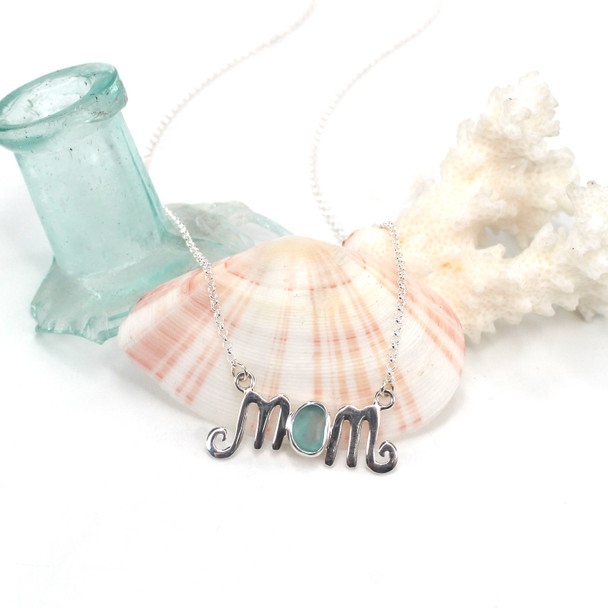Aqua Sea Glass Mom Necklace