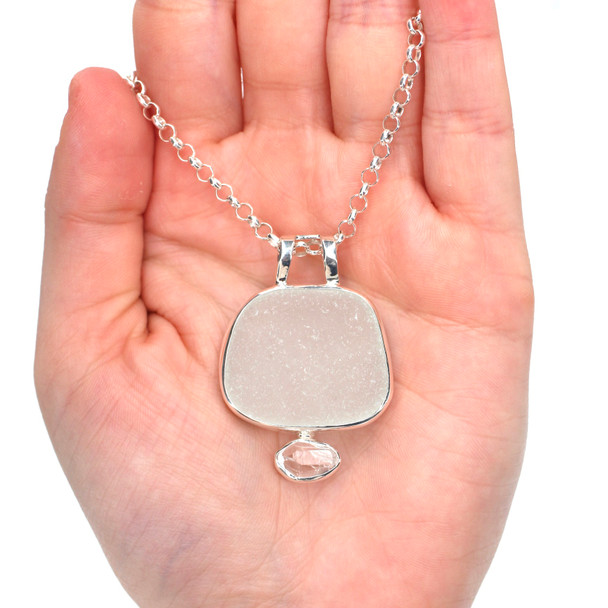 White Sea Glass and Herkimer Double Slide Necklace on model for color reference.