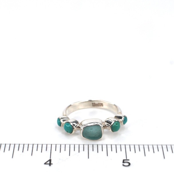 Aqua Rectangle Sea Glass and Turquoise 5 Stone Ring - Size 9 on ruler for size reference. 