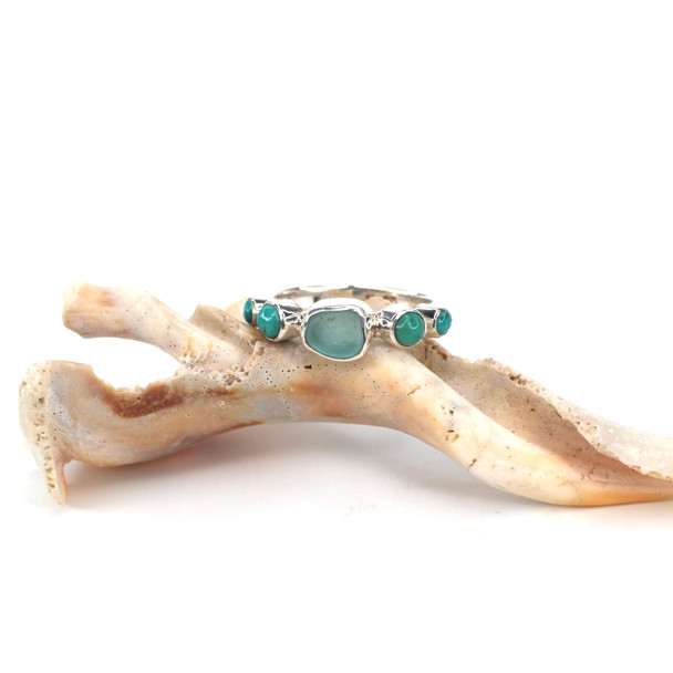 Aqua Rectangle Sea Glass and Turquoise 5 Stone Ring - Size 9