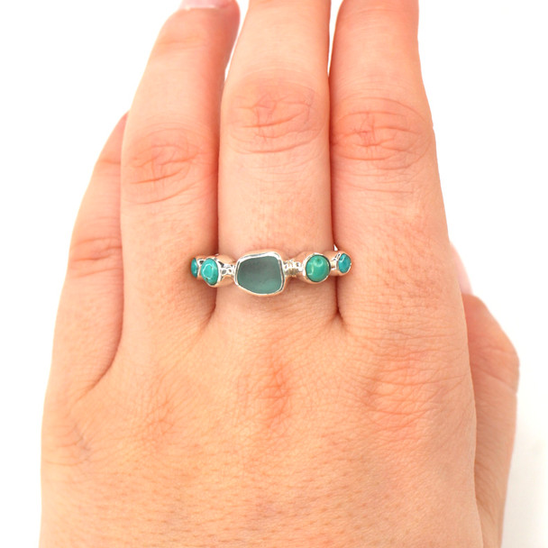 Aqua Rectangle Sea Glass and Turquoise 5 Stone Ring - Size 9 on model for color reference. 