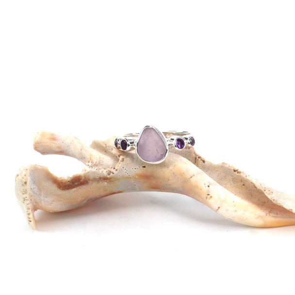Lavender Gumdrop Sea Glass and Amethyst 5 Stone Ring - Size 9
