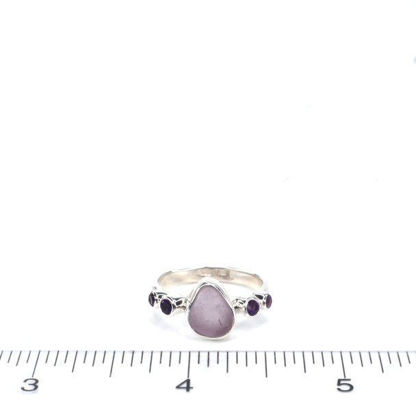 Lavender Gumdrop Sea Glass and Amethyst 5 Stone Ring - Size 9 on ruler for size reference. 